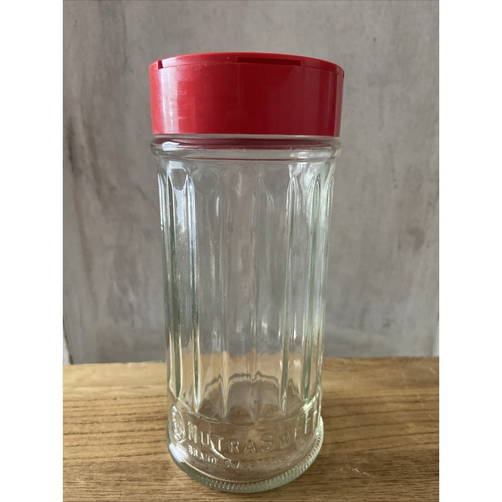 Vintage NutraSweet Glass Shaker Jar Red Flip Top Lid Ribbed Sweetener Canister‎